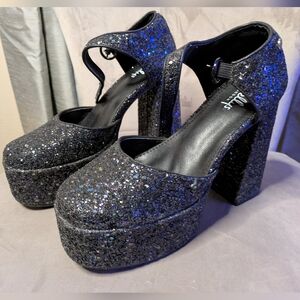 Shelley London Black Glitter High Platform Heels Party Costume Size 38 or 7 US